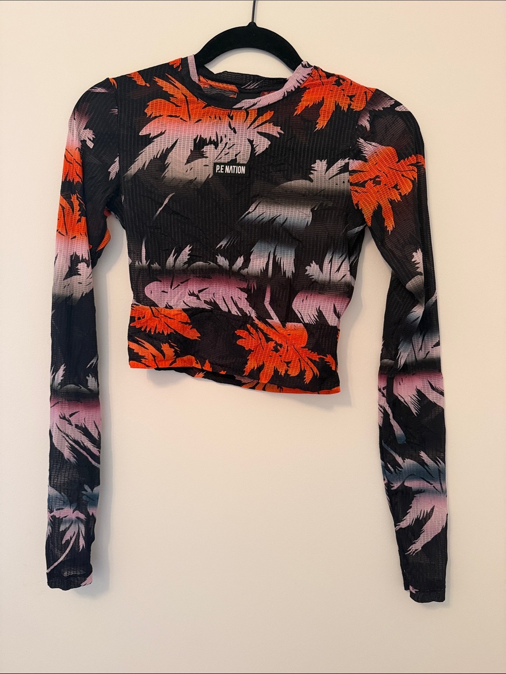 P.E Nation Black Long-Sleeve Crop Top with Orange & Pink Palm Print